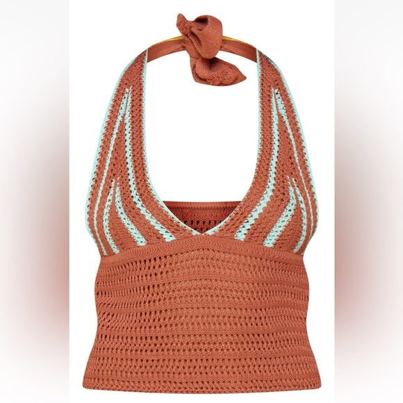 PrettyLittleThing 2-Pc Mocha/Teal Stripe Crochet Knit Maxi Skirt & Halter Top - Picture 7 of 11